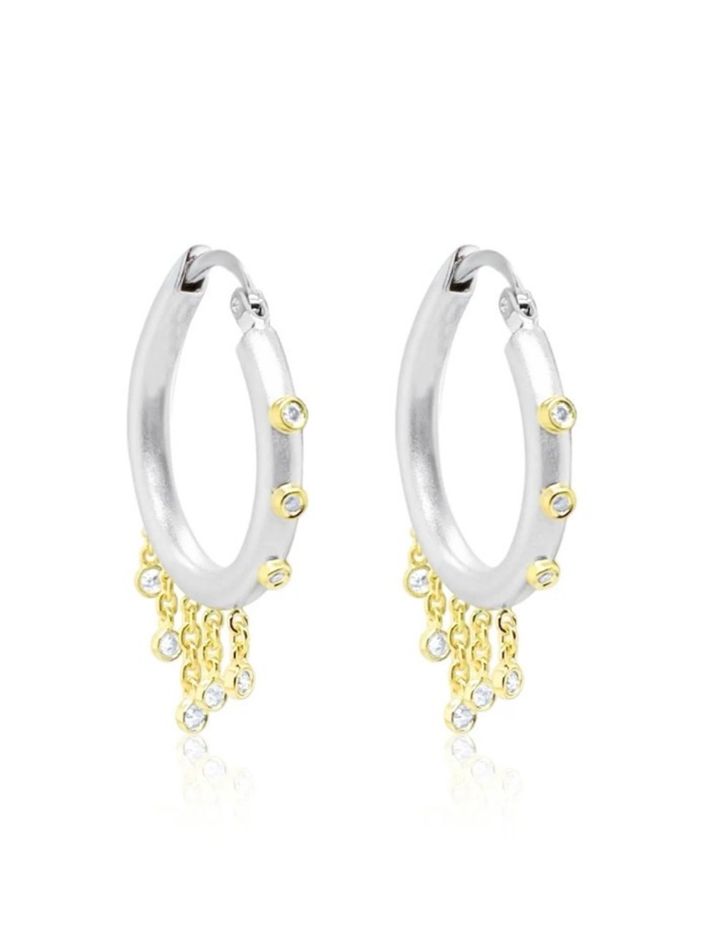 Meira T NWT Two-Tone Silver and Gold Hoop Earrings with Dangle Diamonds